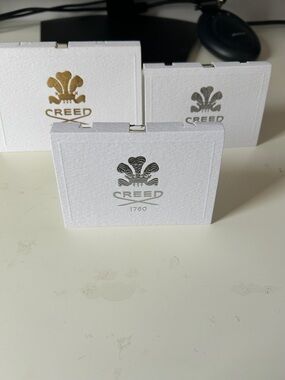 Creed White Sample Cards with Gold and Black Logos